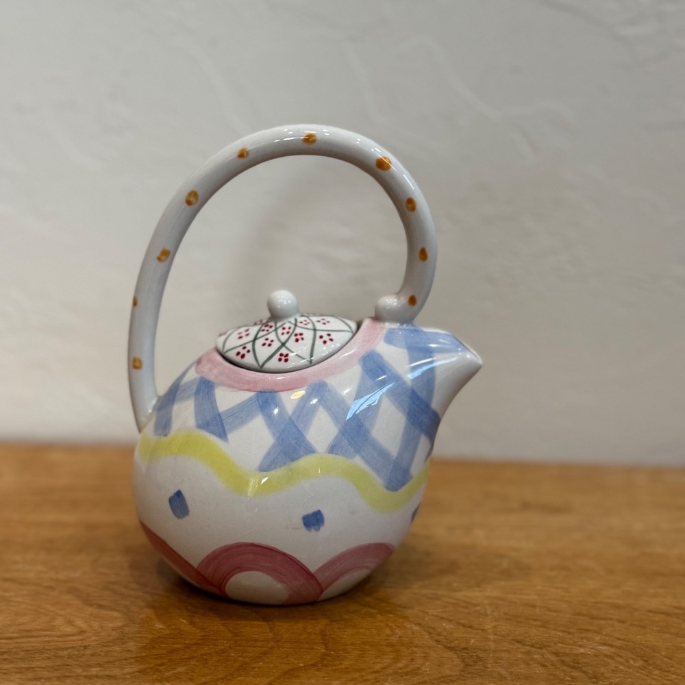 Mini Pastel Ceramic Teapot Hand Painted Blue Check Floral Cottage Decor 6"‎
